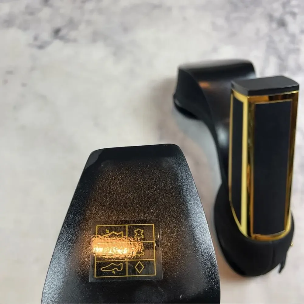 Kat Maconie Missy Black Platform Sandals Block Heel Gold Trim NWOB Sz 7.5